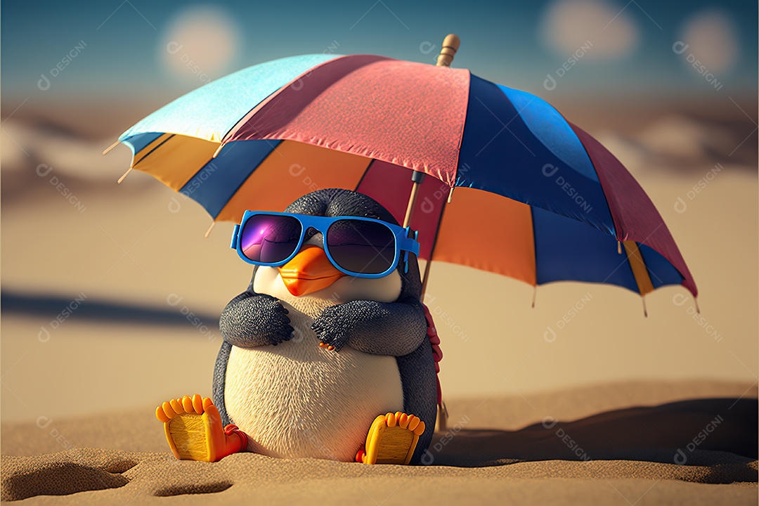 Pinguim adorável em óculos de sol na praia com guarda-sol, fofo, engraçado