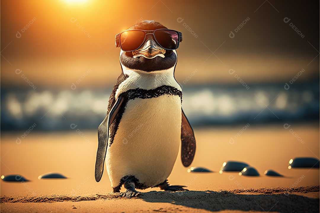 Pinguim adorável em óculos de sol na praia com guarda-sol, fofo, engraçado