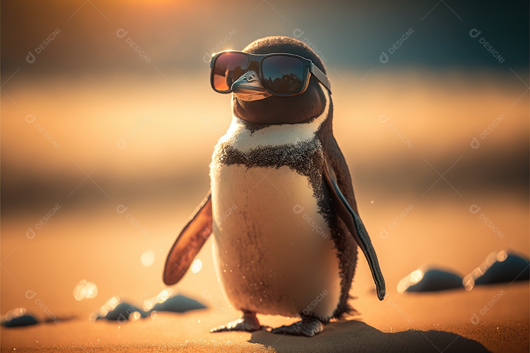 Pinguim adorável em óculos de sol na praia com guarda-sol, fofo, engraçado