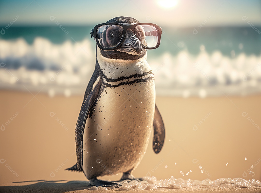 Pinguim adorável em óculos de sol na praia com guarda-sol, fofo, engraçado