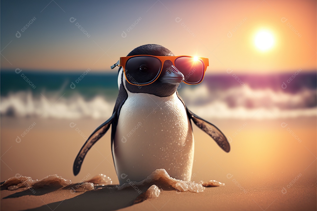 Pinguim adorável em óculos de sol na praia com guarda-sol, fofo, engraçado