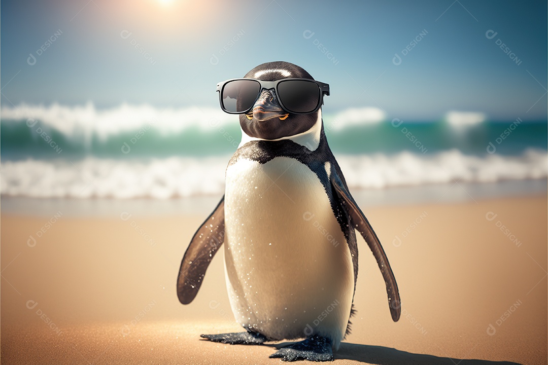 Pinguim adorável em óculos de sol na praia com guarda-sol, fofo, engraçado