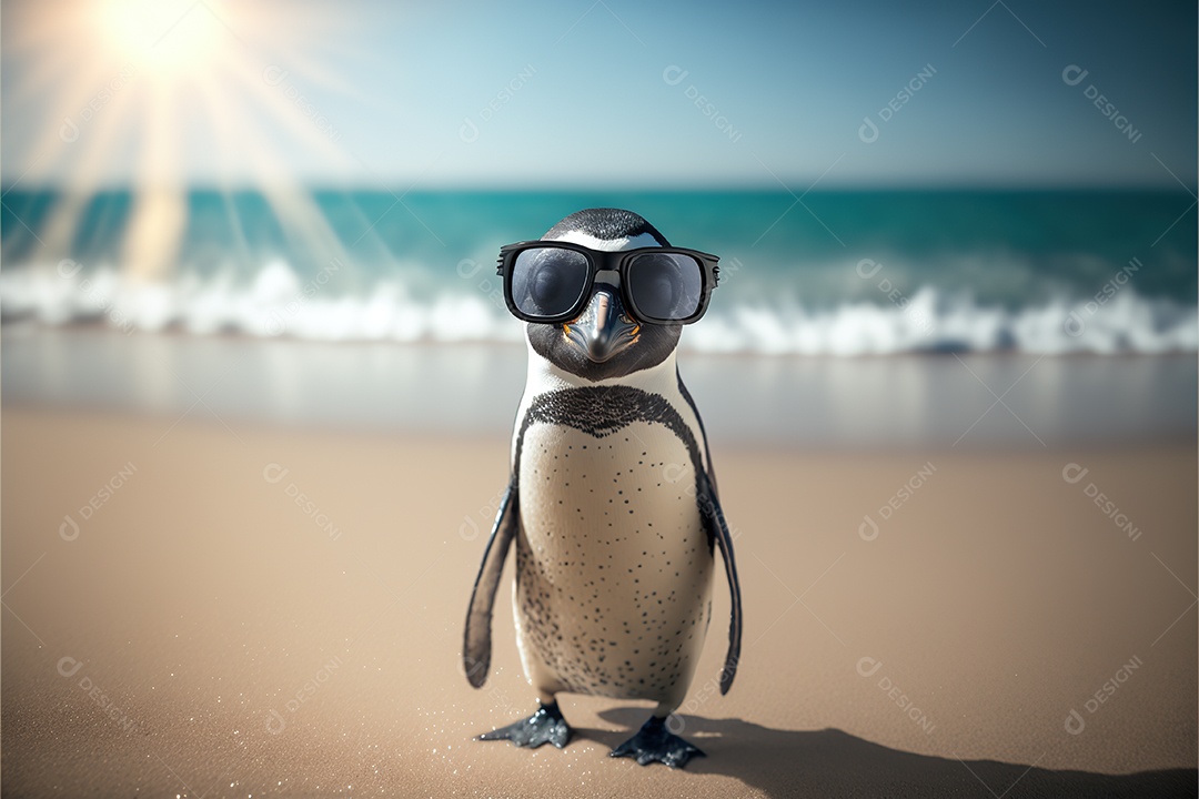 Pinguim adorável em óculos de sol na praia, fofo