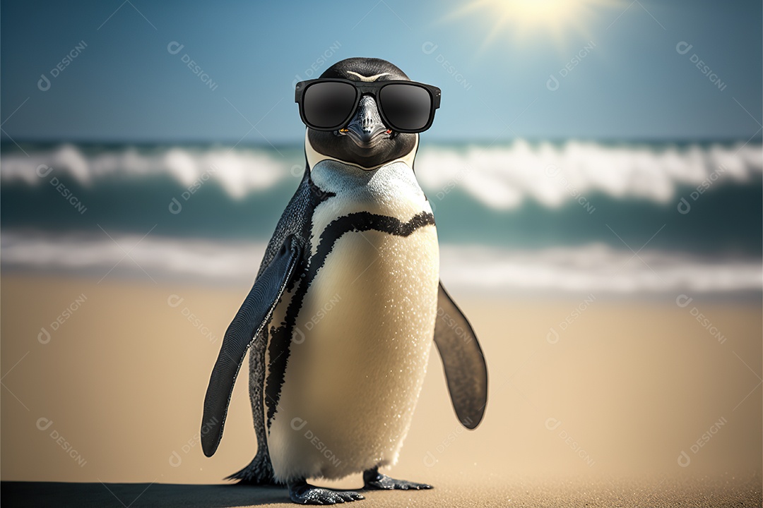 Pinguim adorável em óculos de sol na praia, fofo