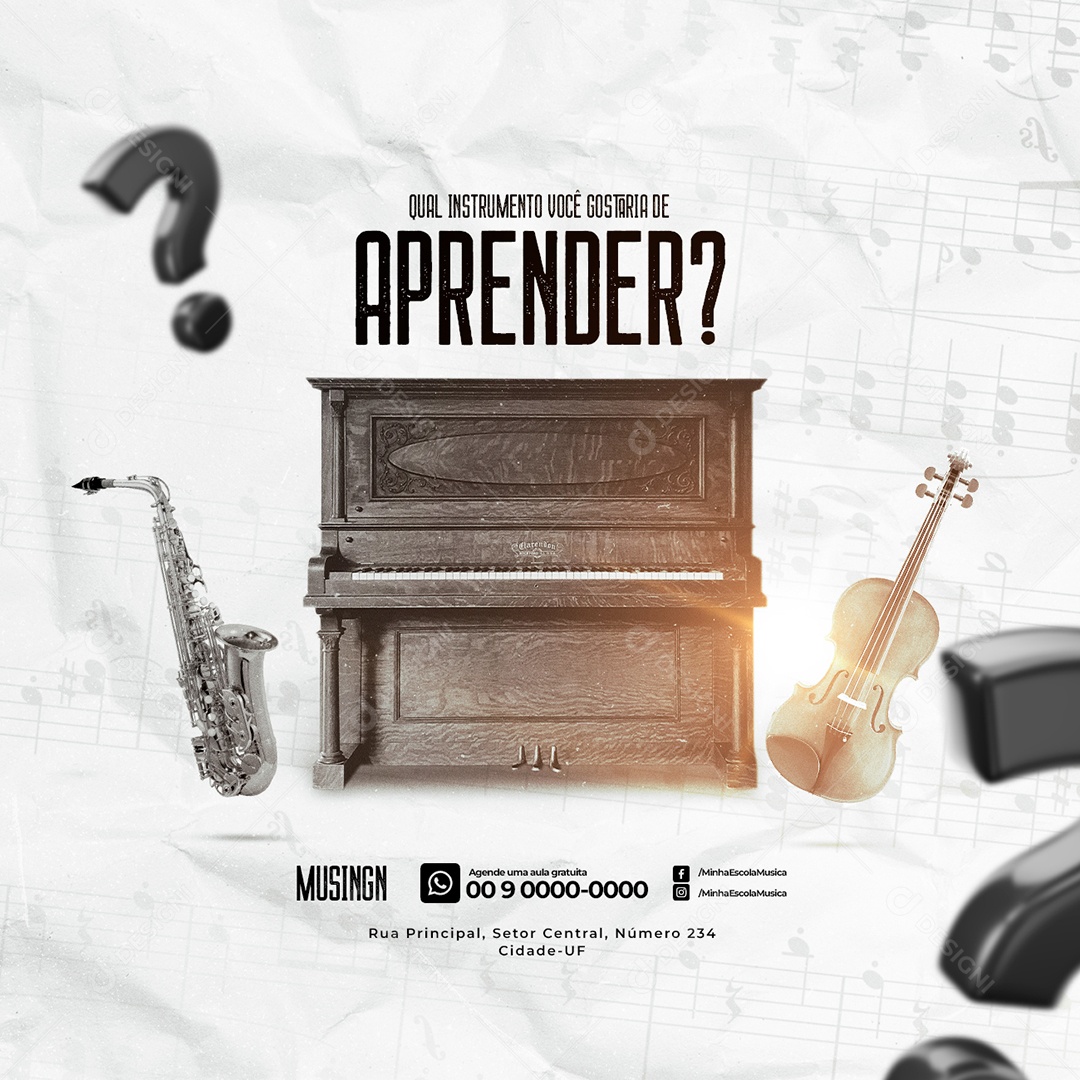 Qual Instrumentos Você Gostaria de Aprender Escola de Música Social Media PSD Editável