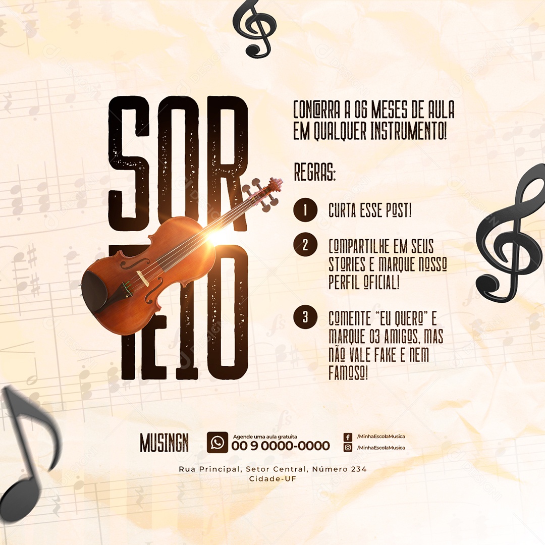 Sorteio 6 Meses de Aula em Qualquer Instrumento Escola de Música Social Media PSD Editável