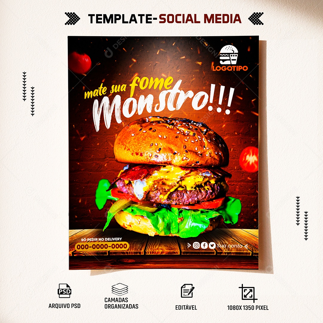 Post Hamburgueria Mata Sua Fome Social Media PSD Editável