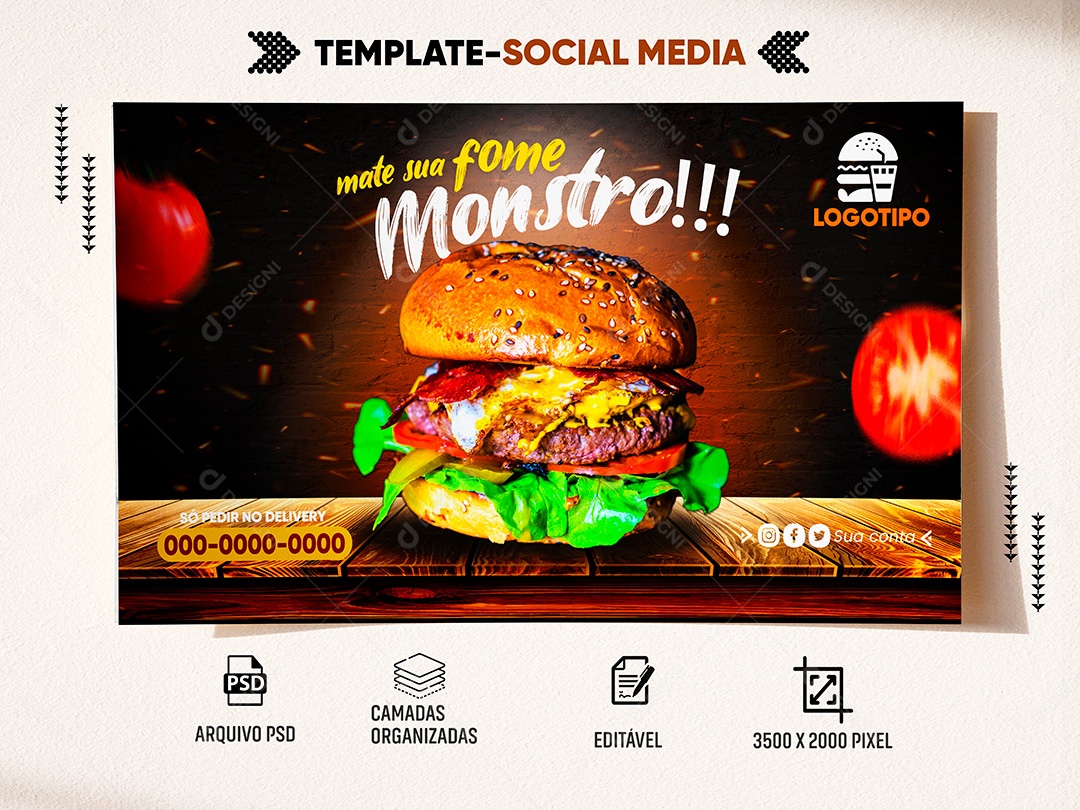 Post Hamburgueria Sua Fome Monstro Social Media PSD Editável