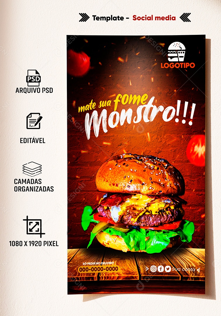 Post Stories Hamburgueria Sua Fome Monstra Social Media PSD Editável
