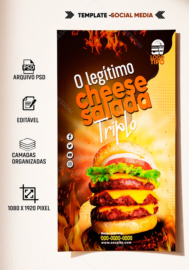 Post Stories Hamburgueria Cheese Salada Social Media PSD Editável