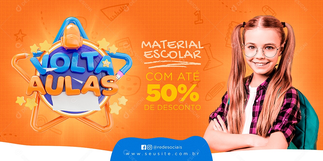 Back to School Banner School Supplies 50% Social Media Editable PSD