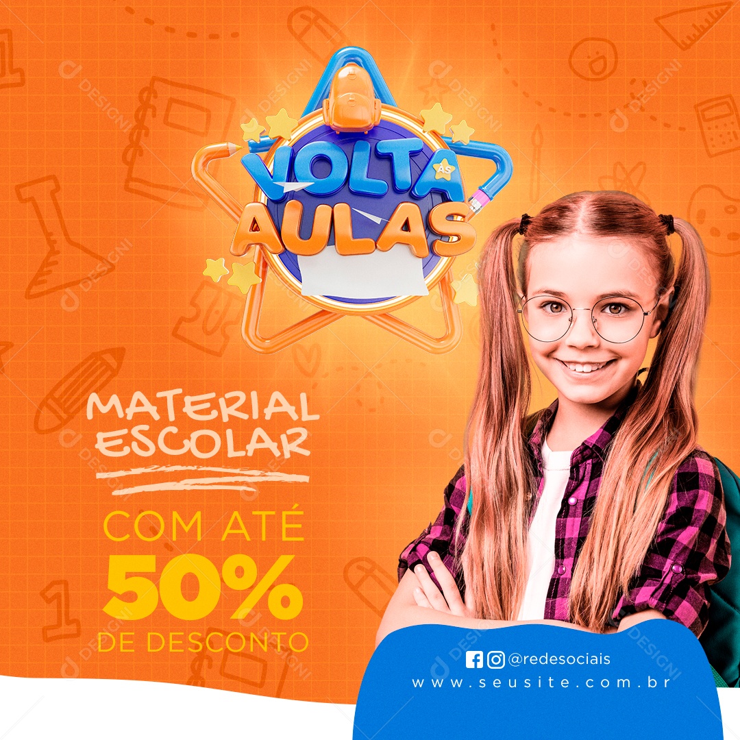 Post Volta às Aulas Material Escola 50% Social Media PSD Editável