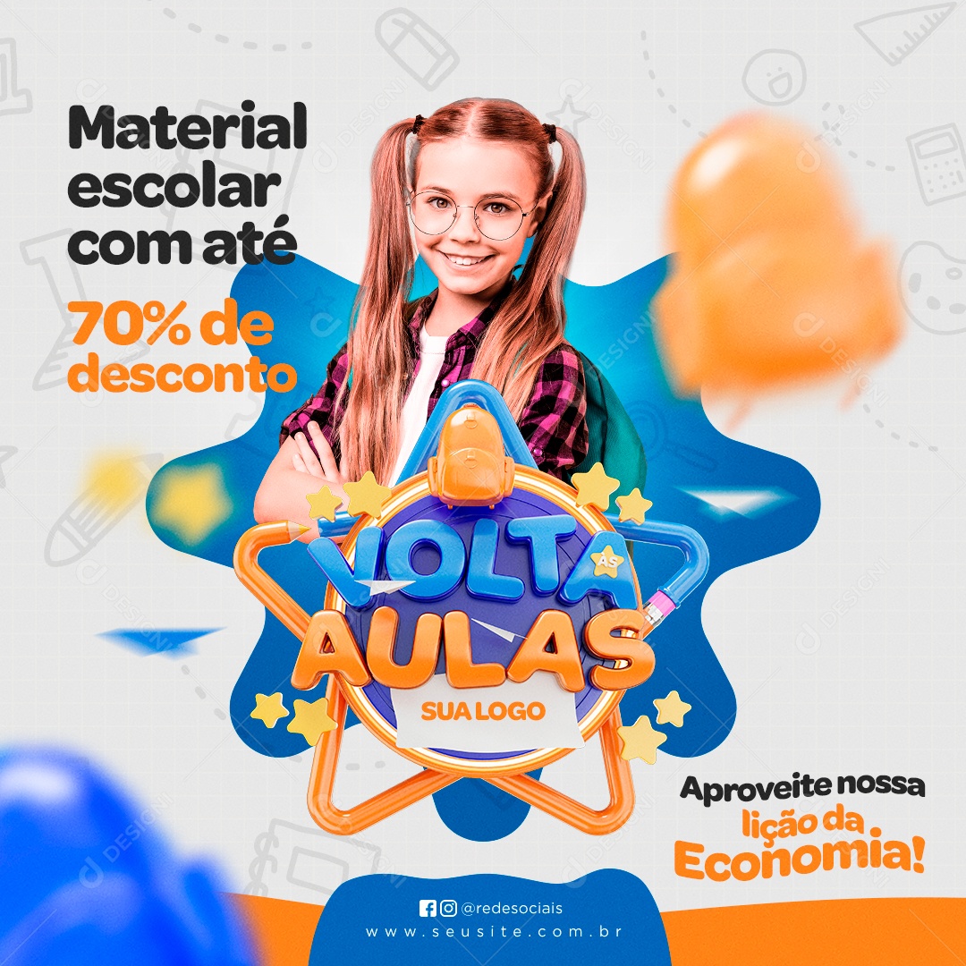 Post Volta às Aulas Material Escolar 70% Social Media PSD Editável