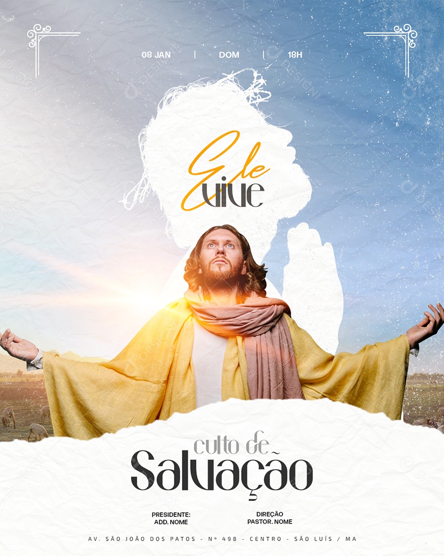 Flyer Gospel Ele Vive Culto de Salvação Social Media PSD Editável