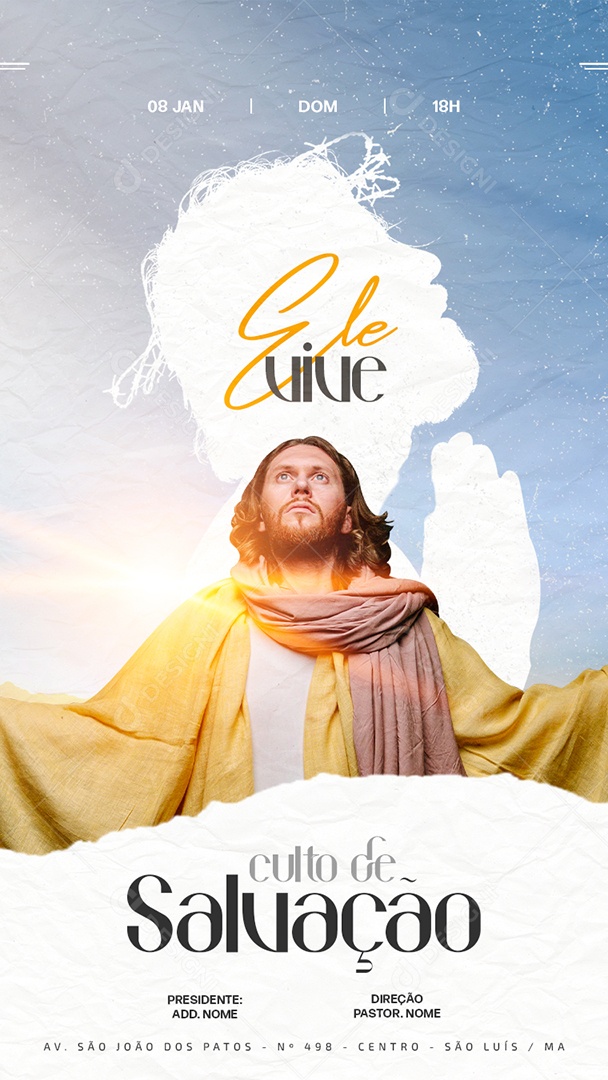 Flyer Gospel Ele Vive Culto de Salvação Story Social Media PSD Editável