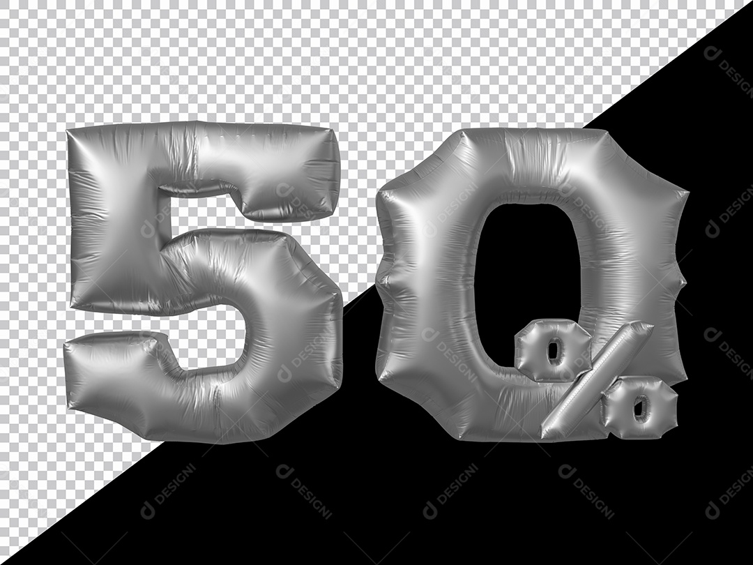 Número 50% Balão Prata Elemento 3D Para Composição PSD