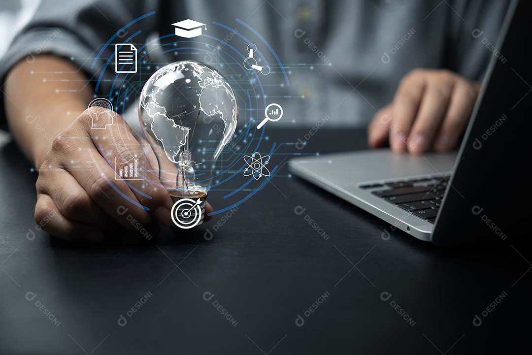 Businessman or student training skill holding bright light bulb with educational learning icons for study knowledge