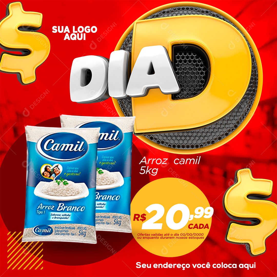Post Supermercado Dia D Economia Arroz Camil Social Media PSD Editável