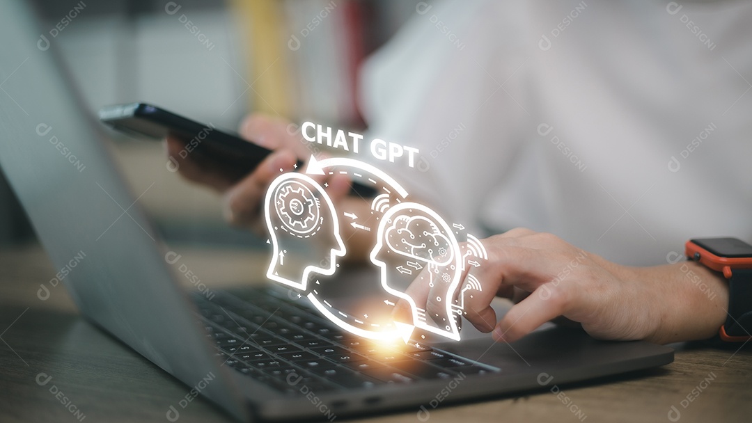 Bate-papo ChatGPT com AI ou Inteligência Artificial. mulher conversando