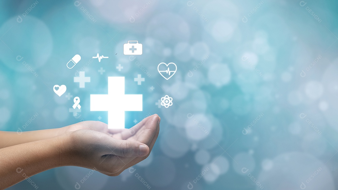 mão segurando mais ícone sobre fundo azul.