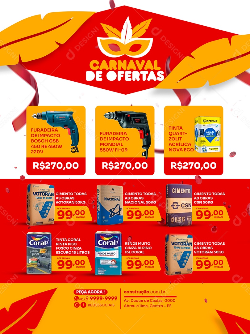 Encarte de Construção Carnaval de Ofertas Social Media PSD Editável