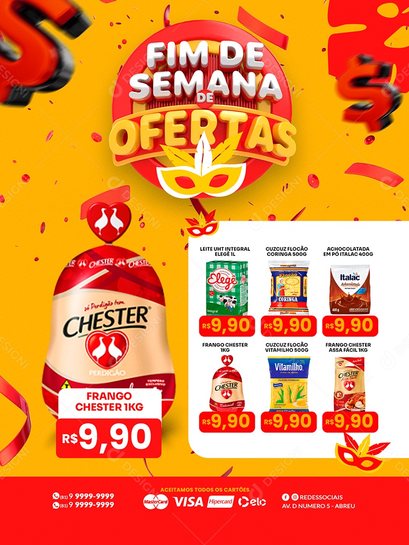Encarte de Supermercado Fim de Semana de Ofertas Carnaval Social Media PSD Editável