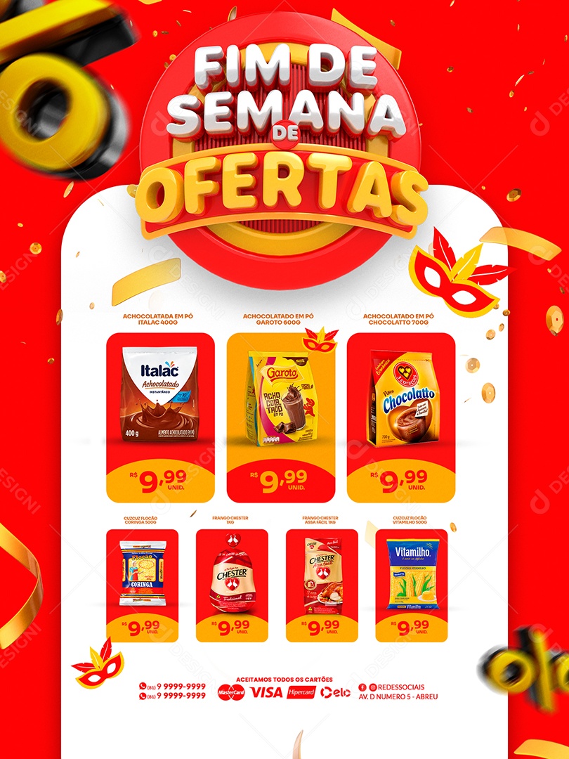 Encarte de Supermercado Fim de Semana de Ofertas Carnaval Social Media PSD Editável