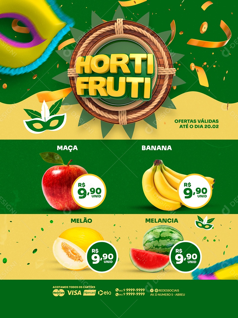Encarte de Supermercado Hortifrúti Carnaval Social Media PSD Editável