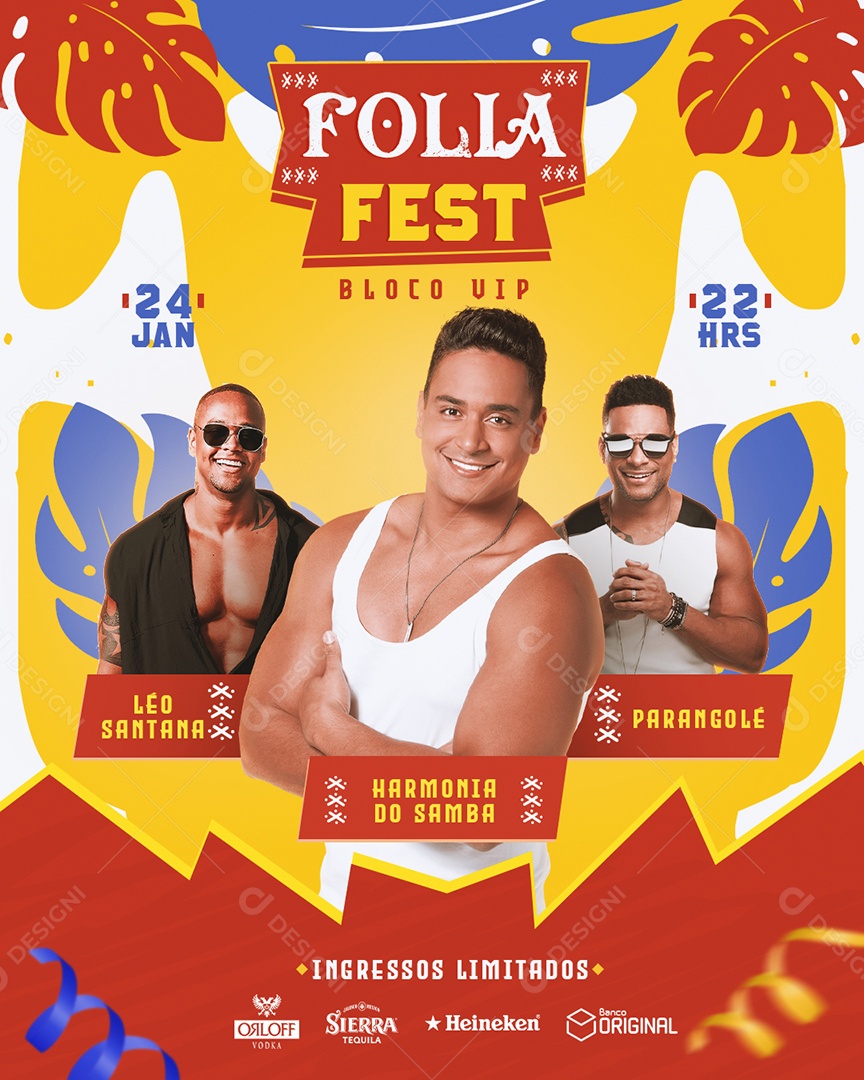 Flyer Folia Fest Léo Santana Parangolé Harmonia do Samba Social Media PSD Editável