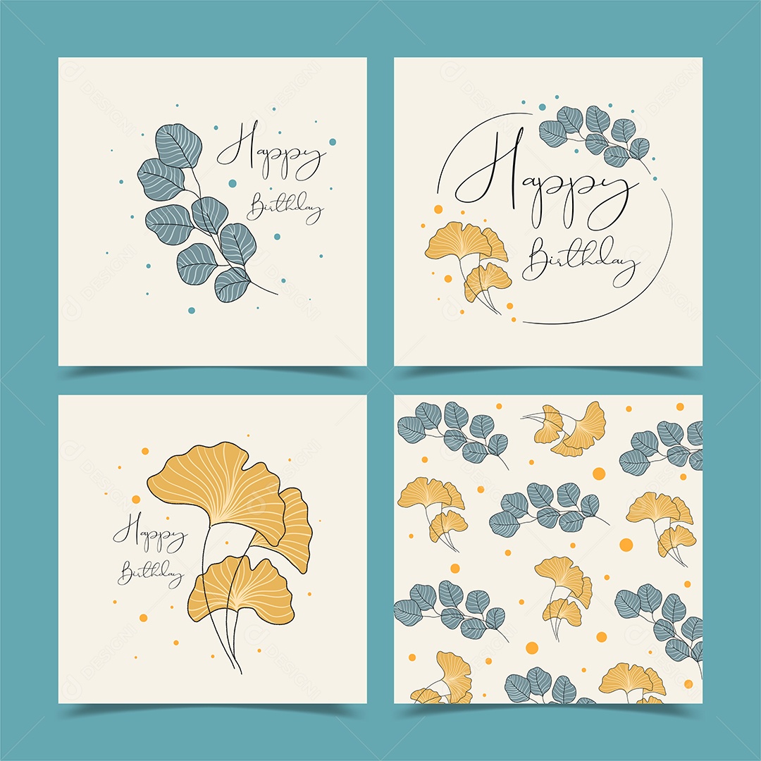 Cartões de Saudação de aniversário lindamente decorados com muitas flores Vetores EPS