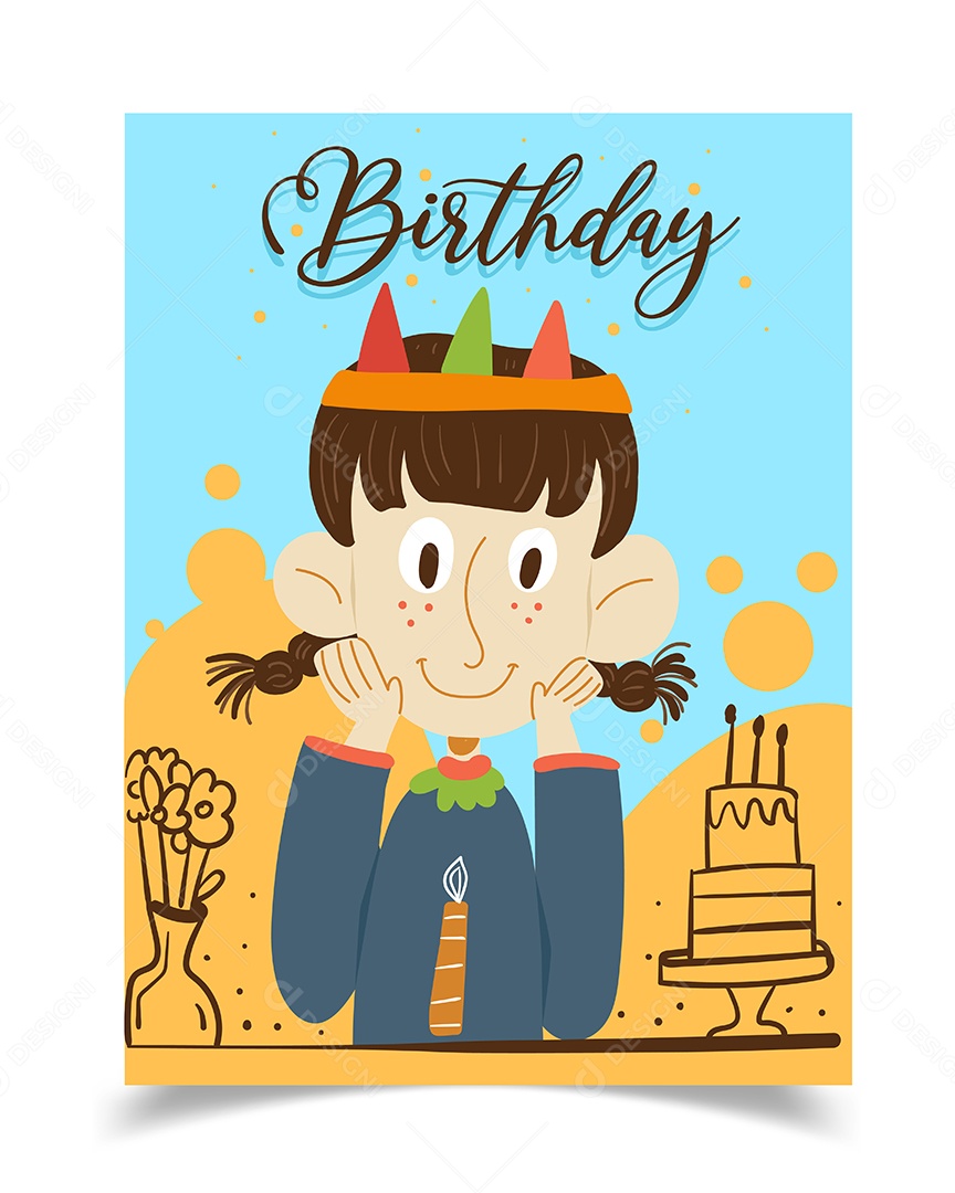 Um Cartão de aniversário decorado com uma menina coroada usando um bolo azul Vetores EPS