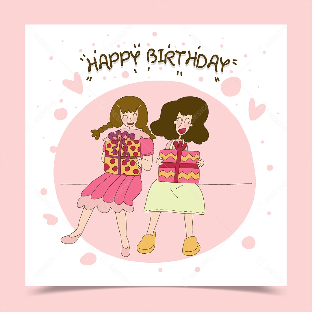 Cartão de feliz aniversário decorado com menina e caixa de presente Vetores EPS