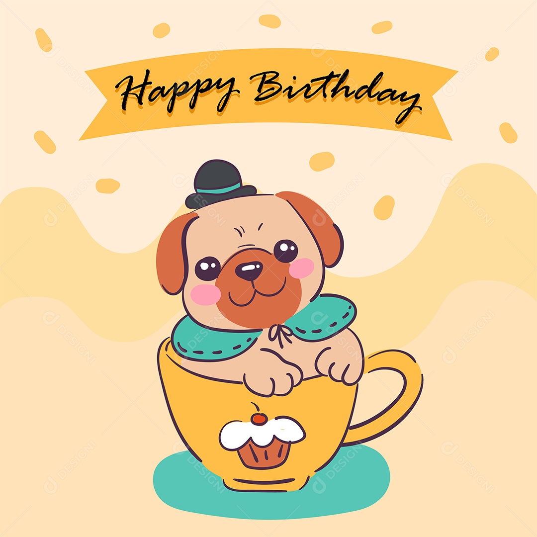 Cartão de feliz aniversário decorado com cachorrinhos em uma caneca Vetores EPS