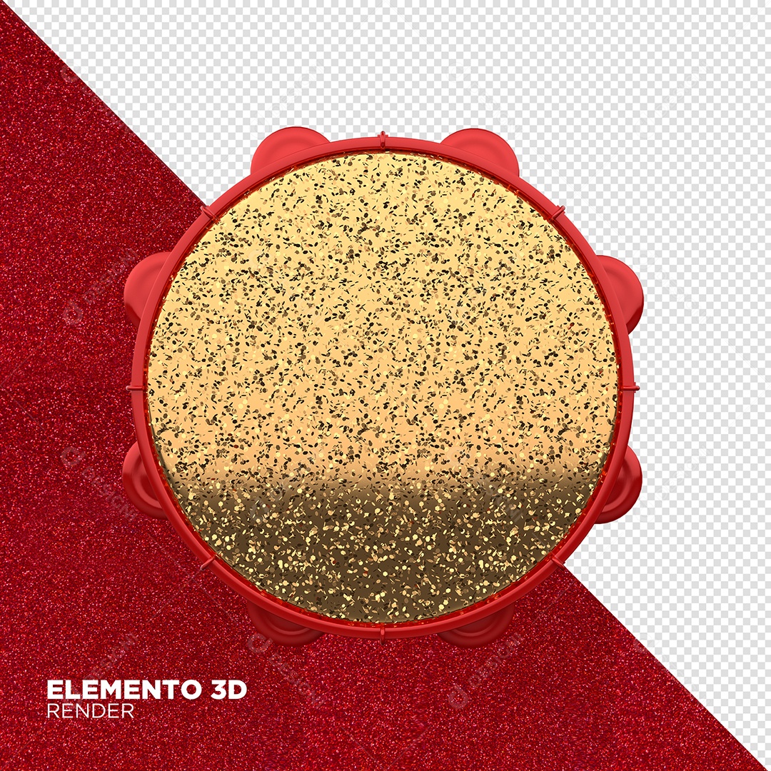 Pandeiro Vermelho e Dourado 3D de Carnaval Elemento para Composição PSD