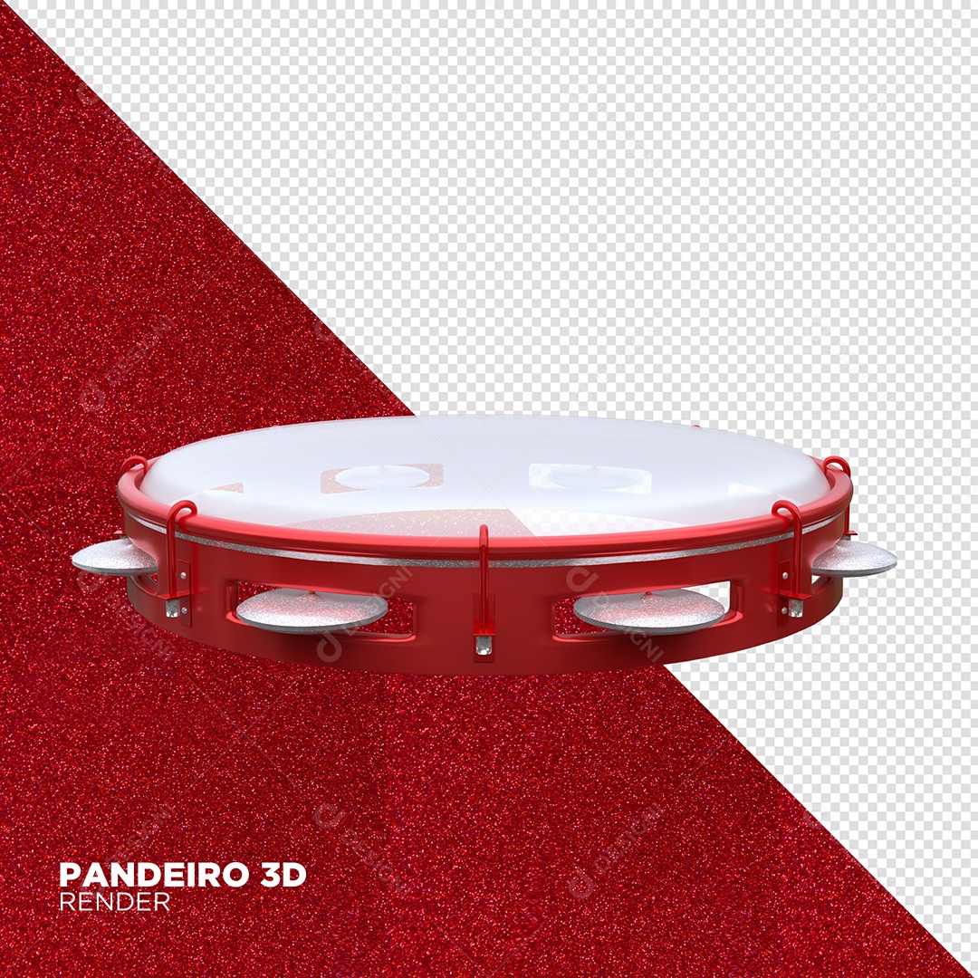 Pandeiro Branco e Vermelho 3D de Carnaval Elemento para Composição PSD