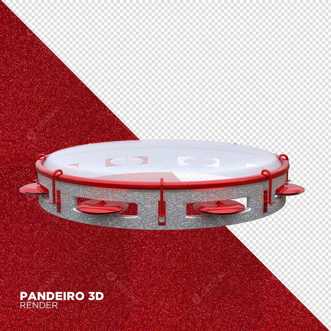 Pandeiro Cinza e Vermelho 3D de Carnaval Elemento para Composição PSD