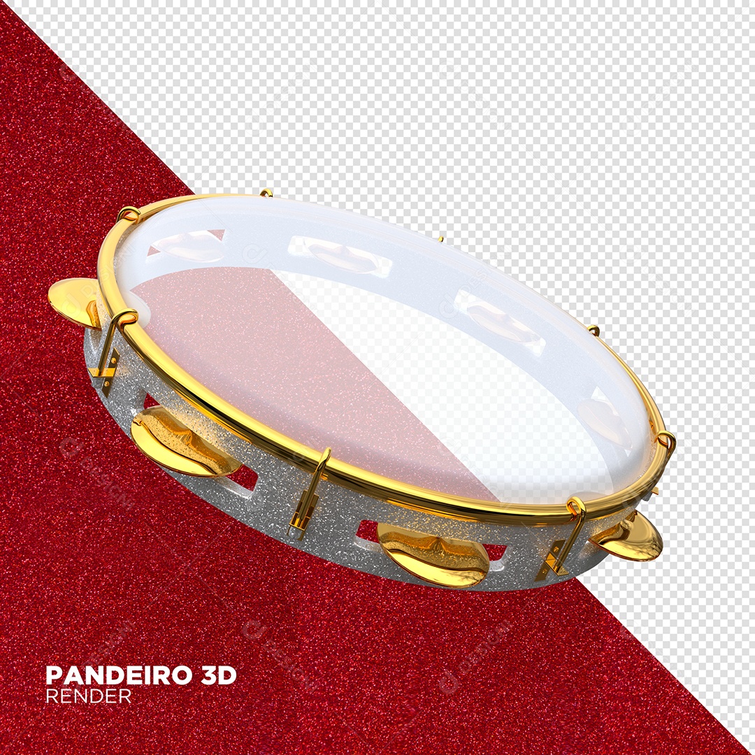 Pandeiro Dourado e Branco 3D de Carnaval Elemento para Composição PSD