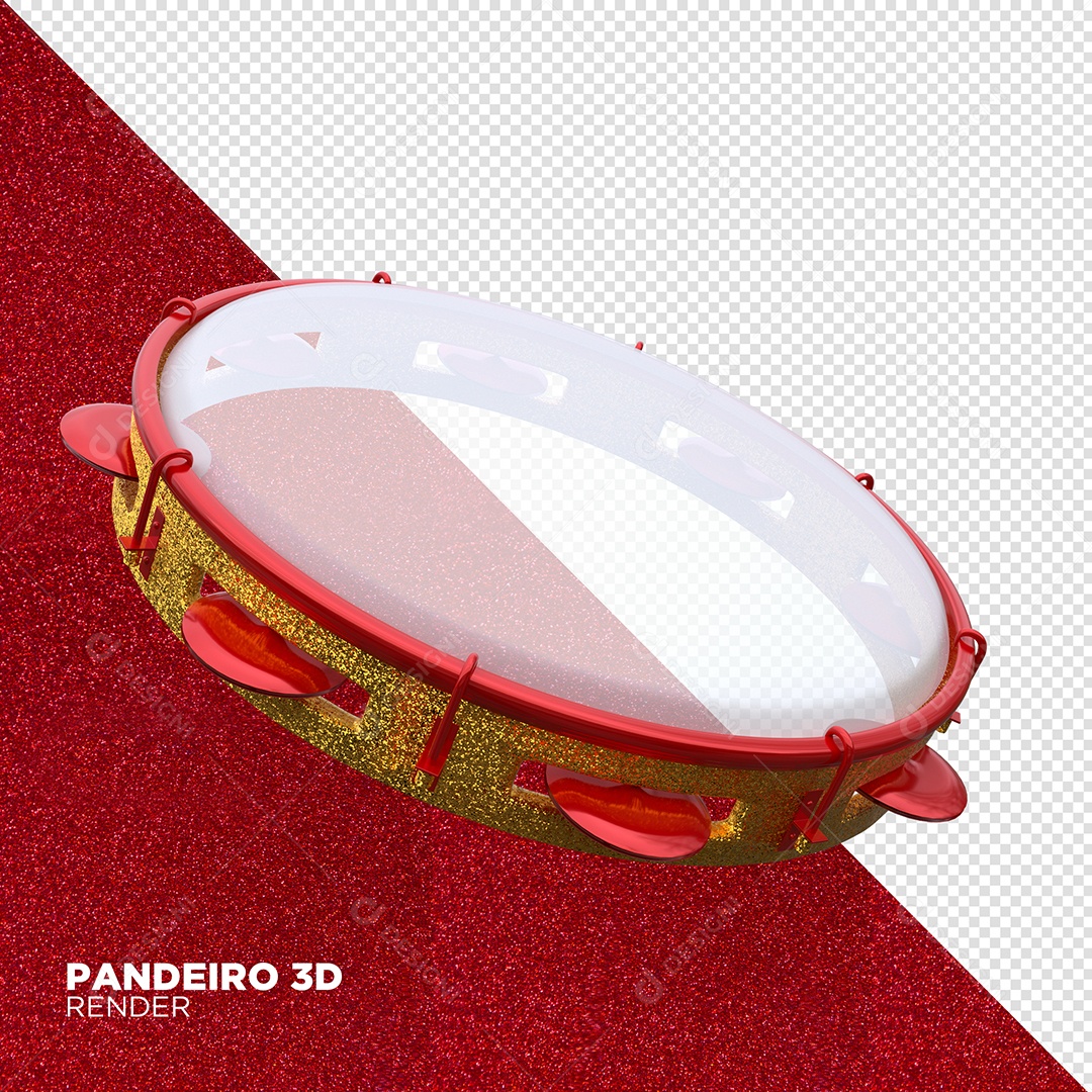 Pandeiro Vermelho 3D de Carnaval Elemento para Composição PSD