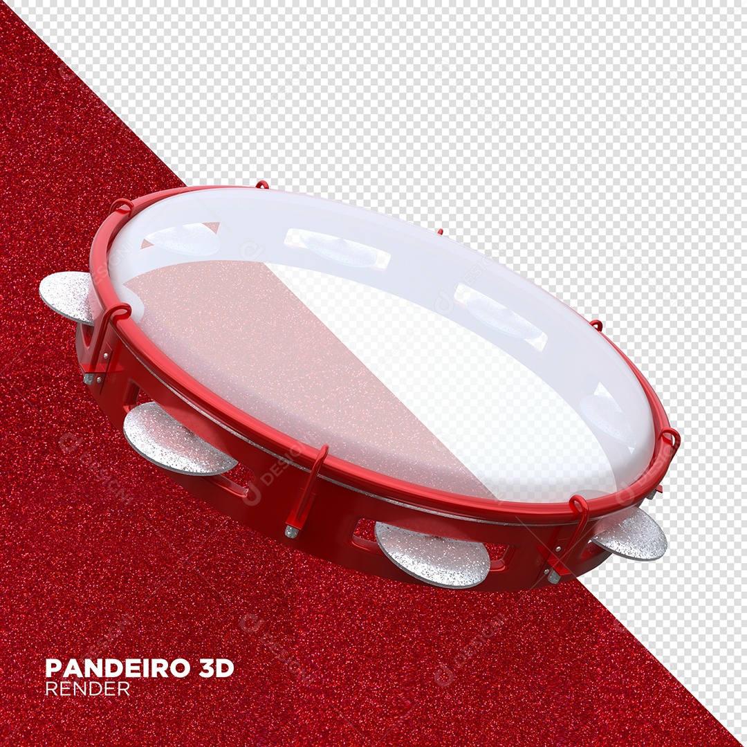 Pandeiro Vermelho 3D de Carnaval Elemento para Composição PSD