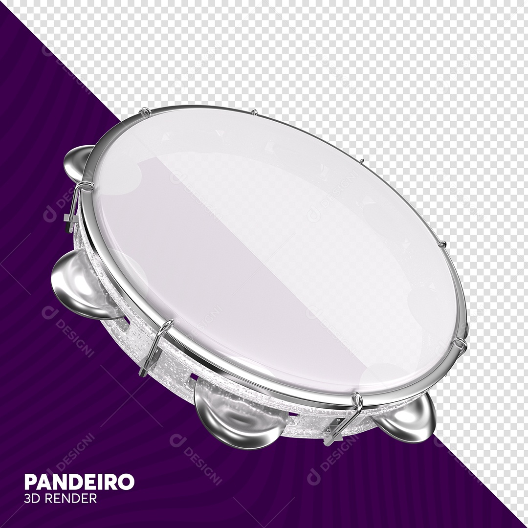 Pandeiro 3D Cinza de Carnaval Elemento para Composição PSD