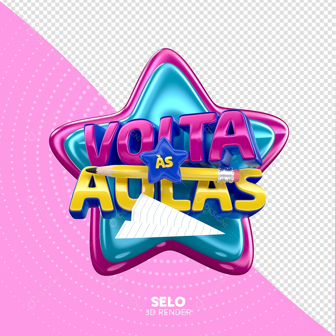 Volta às Aulas Selo 3D Rosa e Dourado para Composição PSD