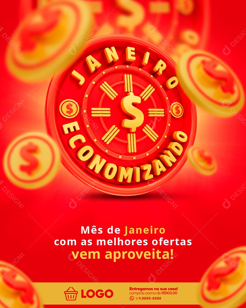 Post Supermercado Janeiro Economizando Social Media PSD Editável