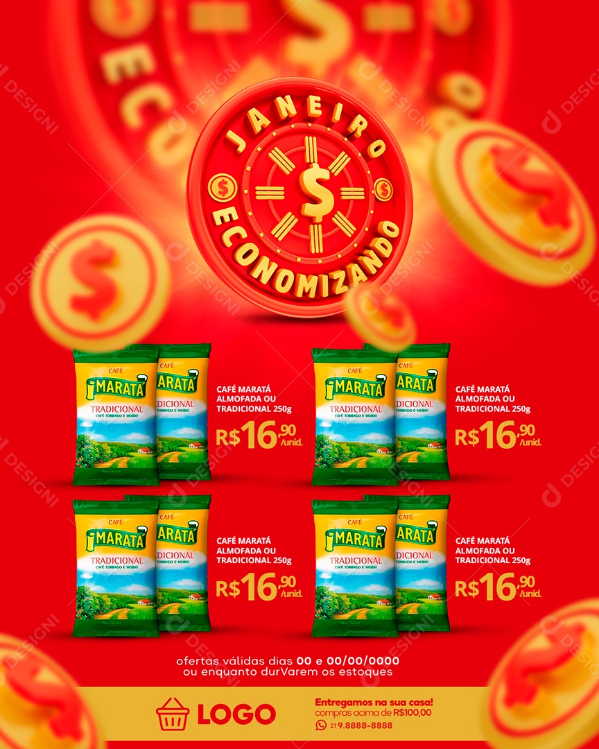 Post Supermercado Janeiro Economizando Café Maratá Social Media PSD Editável