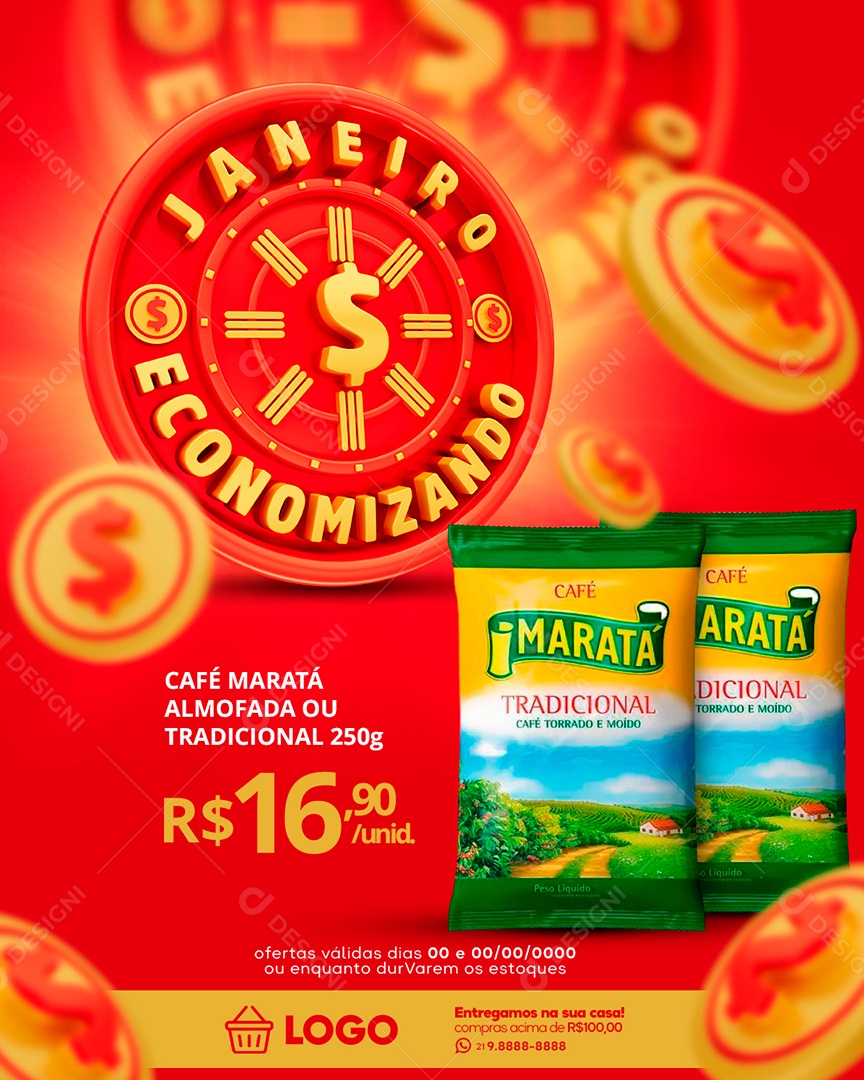Post Supermercado Janeiro Economizando Café Maratá Social Media PSD Editável