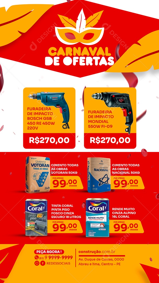 Story Encarte de Construção Carnaval de Ofertas Social Media PSD Editável