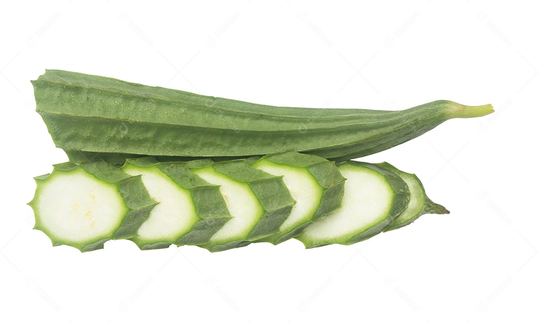 Fruta fresca de cabaça de esponja verde com fatias é isolada no fundo branco