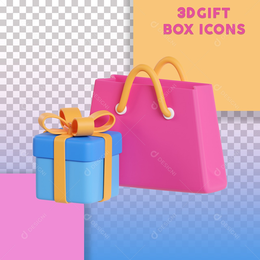Ilustração 3D Caixa de Presente e Sacola Para Composição PSD