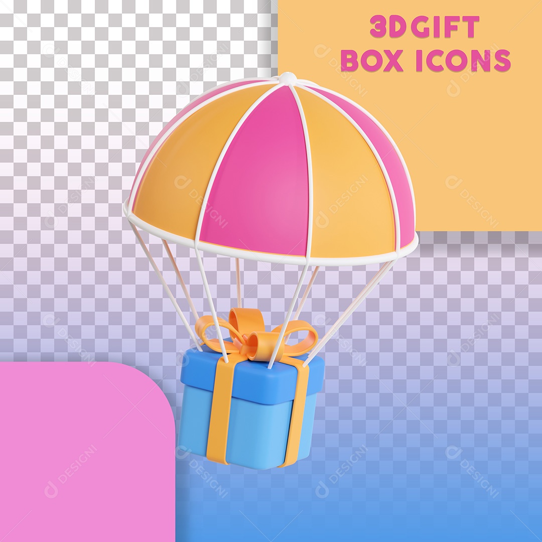 Ilustração 3D Caixa de Presente Com Paraquedas Para Composição PSD