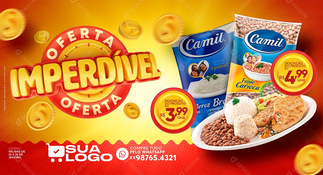 Banner Supermercado Oferta Imperdível Arroz e Feijão Social Media PSD Editável