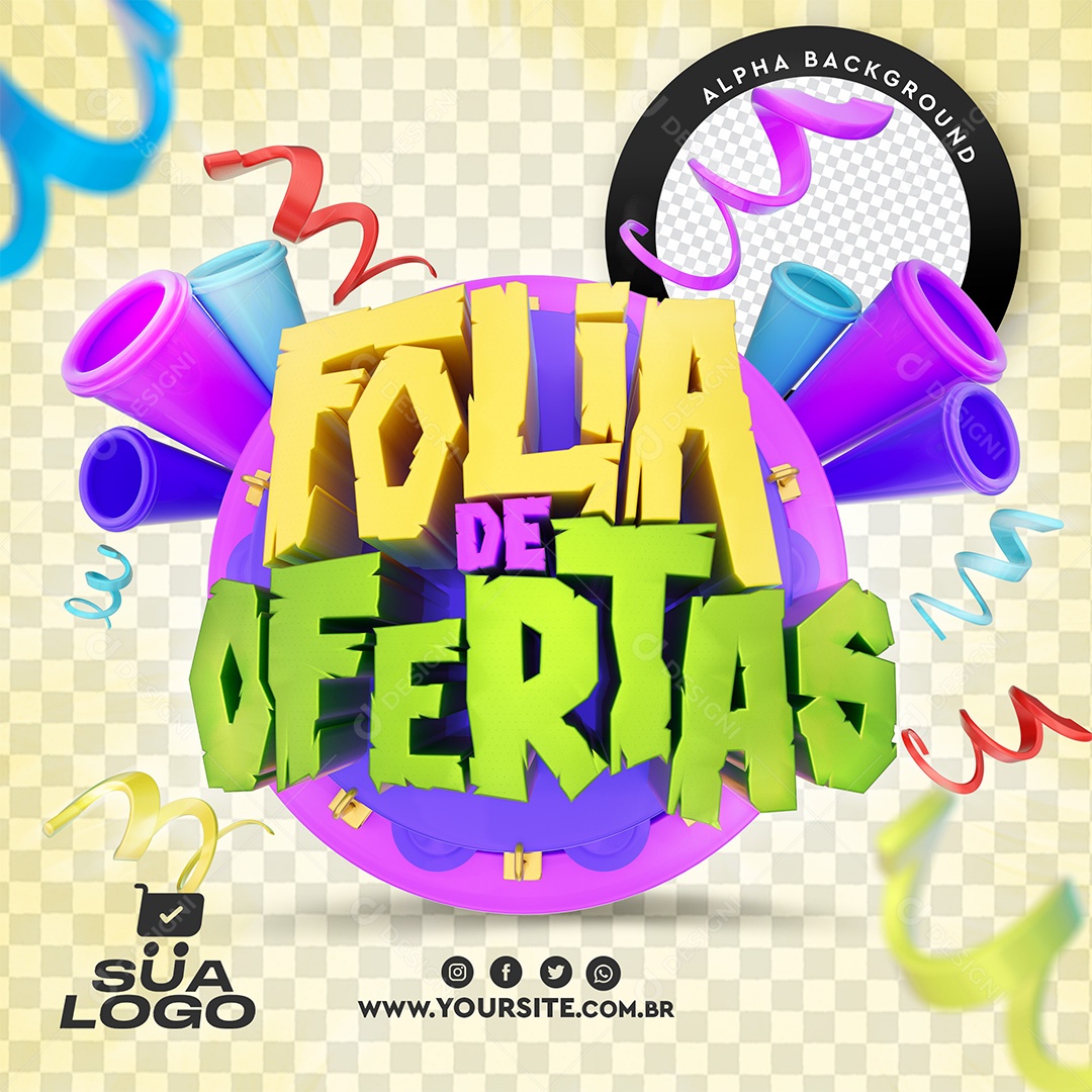 Selo 3D de Carnaval Folia de Ofertas Para Composição PSD